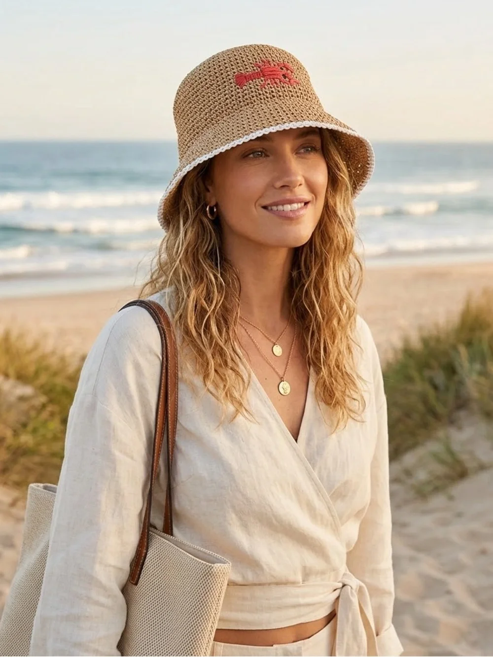 NWT No Boundaries Coastal Chic Red Lobster Woven Straw Bucket Hat White Trim OS